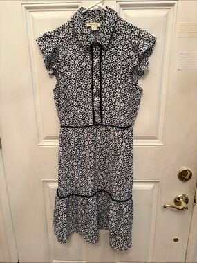 Monteau Navy and White Floral Midi Dress with Contrast Piping
